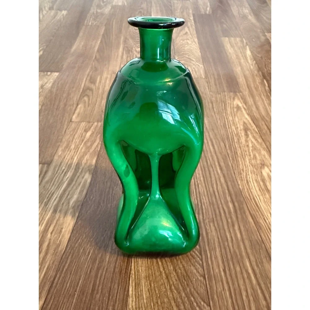 Vintage Emerald Green Pinch Dimple Blown Glass Decanter MCM Art Glass Vase